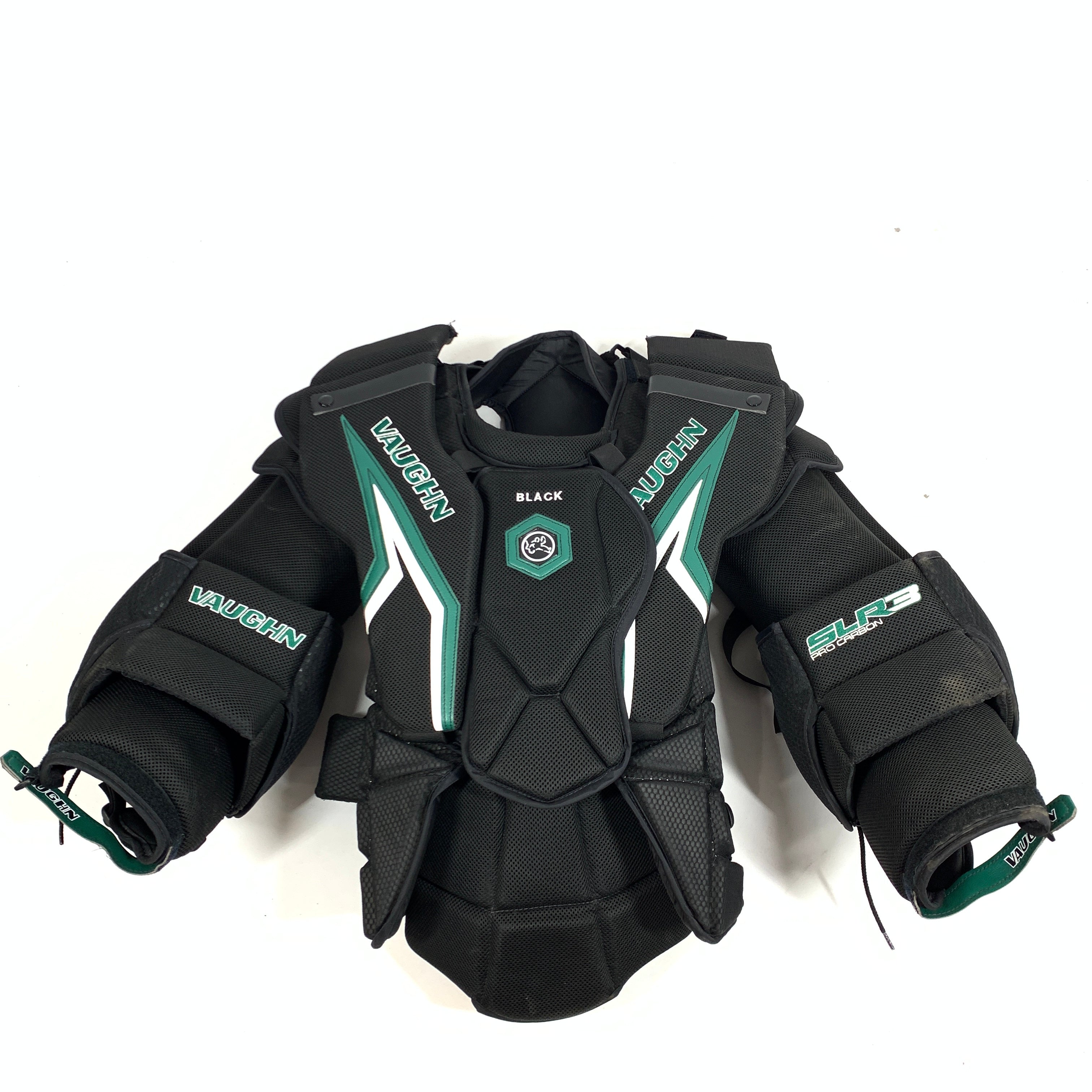 Vaughn SLR3 Pro Carbon - Plastron de gardien de but Pro d'occasion (noir/blanc/vert)